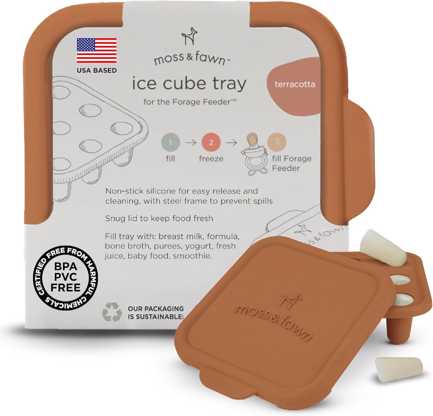 Moss and Fawn Ice Cube Tray - Forage Feeder Freezer & Teething Popsicle Mold for Breast Milk, Formula, Bone Broth, Purees, & Baby Food - BPA, Lead, & PVC-Free - Fern