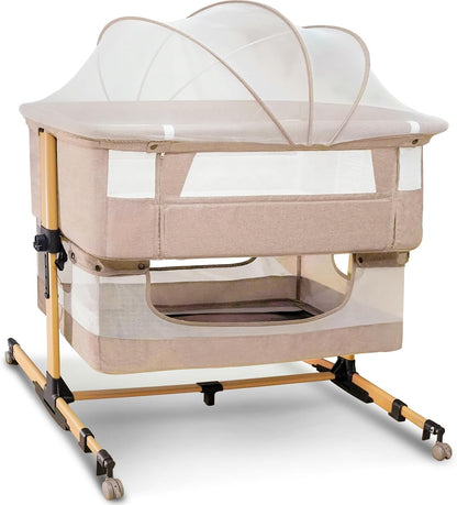 Baby Bassinet, 3 in 1 Infant Bassinet Bedside Sleeper, Bassinet with Cover, Rocking Bedside Bassinet for Baby with Storage Basket, Foldable & Adjustable Travel Crib (Light Pink)