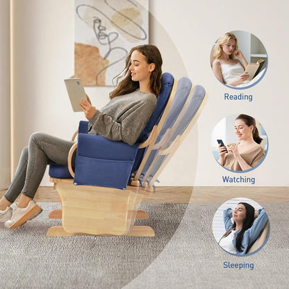 Rubber Wood Gliding Rocking Chair for Nursery, Rocking Chair Glider Rocker with Arm Rest, Padded Cushion for Living Room Bedroom Reading Room, 280lbs Weight Capacity, Blue
