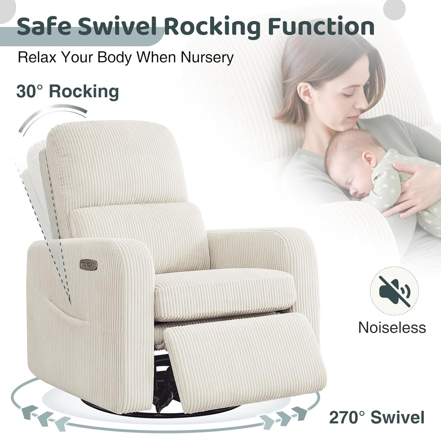 Swivel Rocker Recliner, Oversized Boucle Glider Recliner Nursery, Manual Swivel Rocking Reclining Chairs with Removable Cushion and Lumbar Support for Nursery Living Room Bedroom, Teddy White
