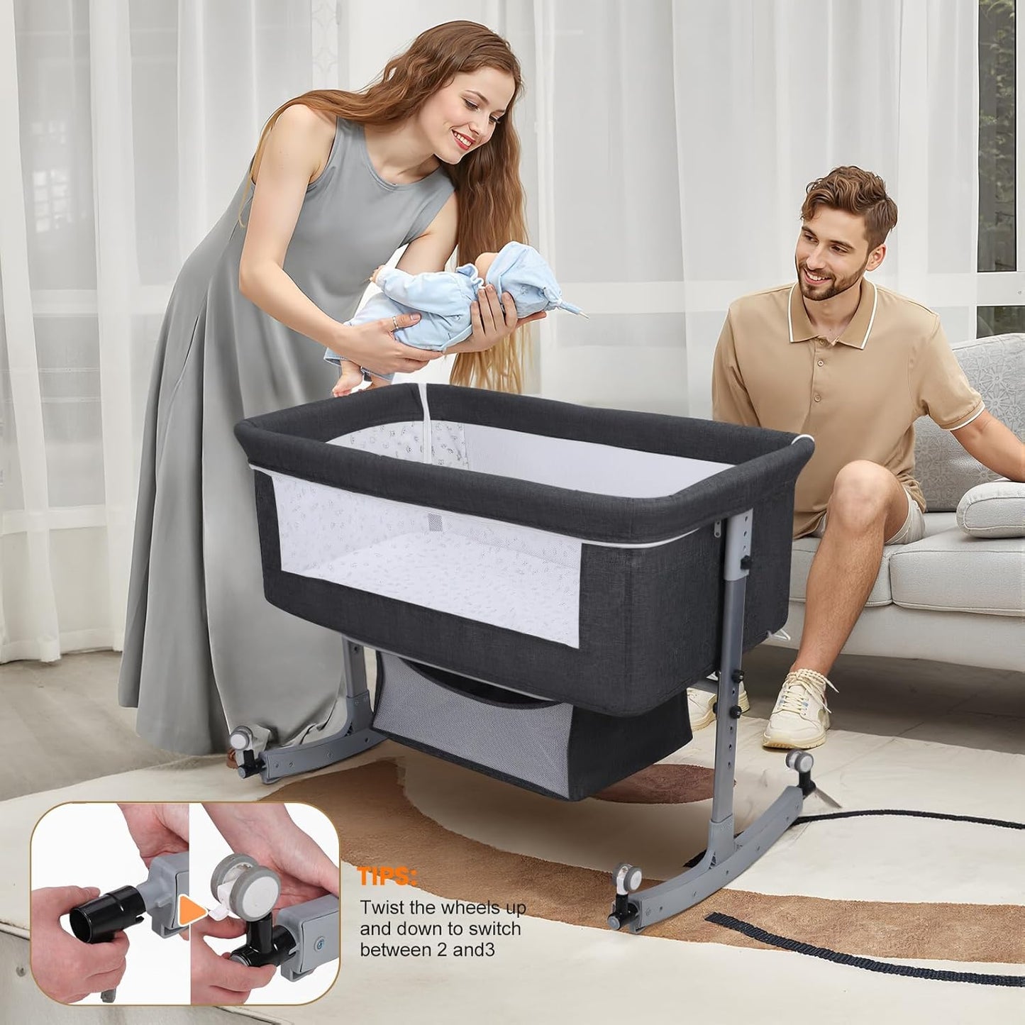 Bedside Bassinet Baby Crib, 3-in-1 Bedside Crib with Storage Basket, 6 Levels Height Adjustable Baby Bassinet with Mosquito Net and Wheels, Portable Newborn Infant Cradle Black
