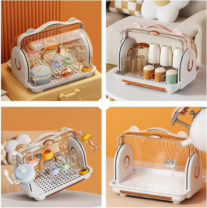 Baby Bottle Drying Rack Storage with 3 Brush, Nursing Bottle Storage Box Organizer with Cover, Portable Kitchen Cabinet Organizer, Durable countertop Dryer (Orange)