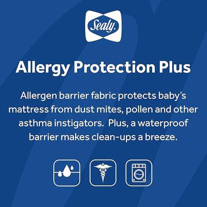 Sealy Baby Allergy Protection Plus Fitted Waterproof Infant Crib Mattress Protector Pad and Toddler Bed Cover, Durable & Comfortable Topper, Machine Washable and Dryer Friendly, 52” x 28”- White