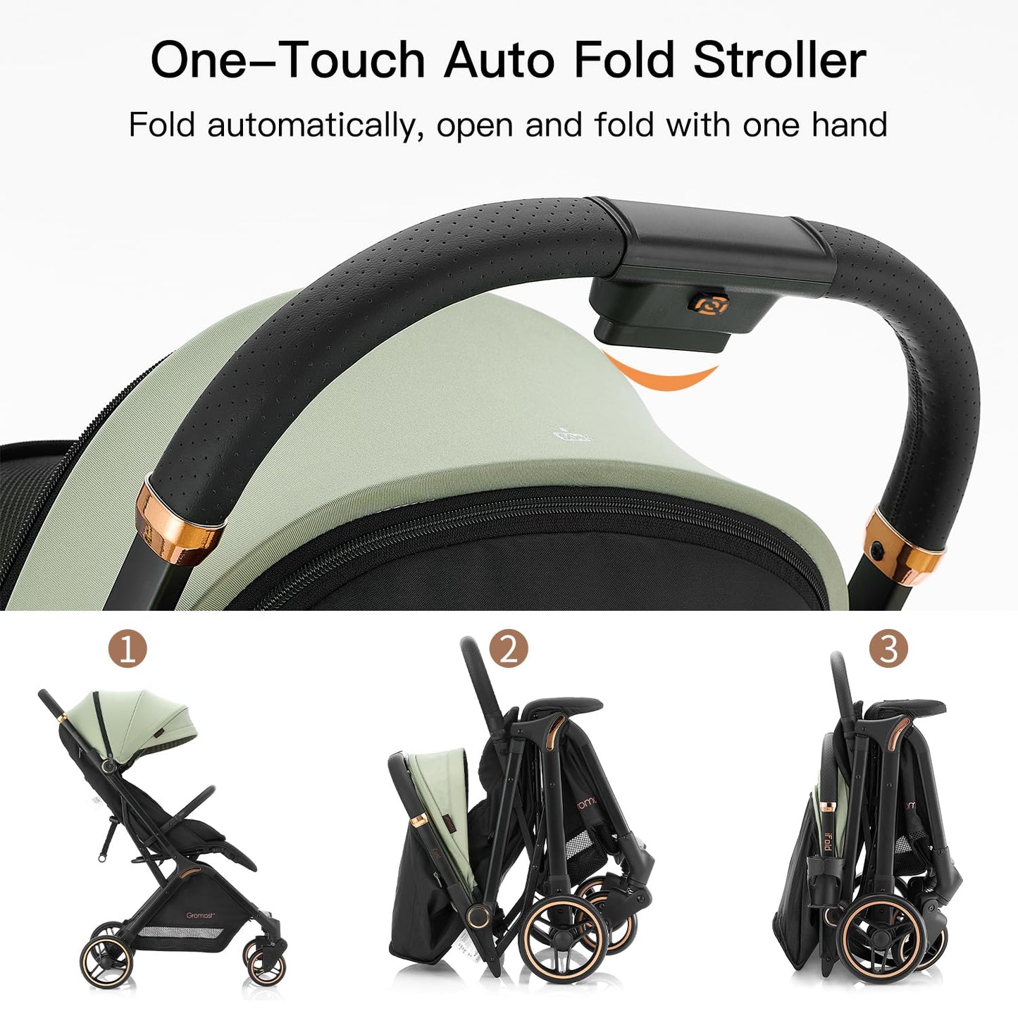 Gromast Gravity Folding Baby Stroller - Portable Travel Toddler Stroller w/Adjustable Backrest, Canopy & Cup Holder, Lightweight and UV Protected, One-Hand Automatic Folding - Green