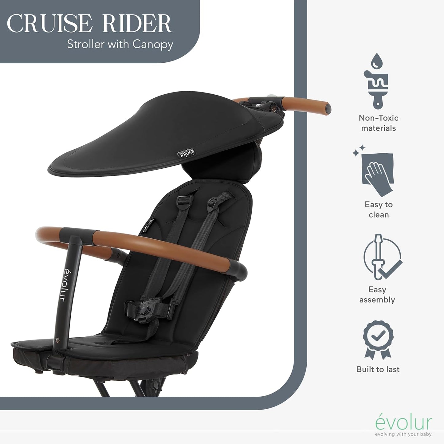 Evolur Cruise Rider Stroller with Canopy, Lightweight Umbrella Stroller with Compact Fold, Easy to Carry Travel Stroller - Cognac