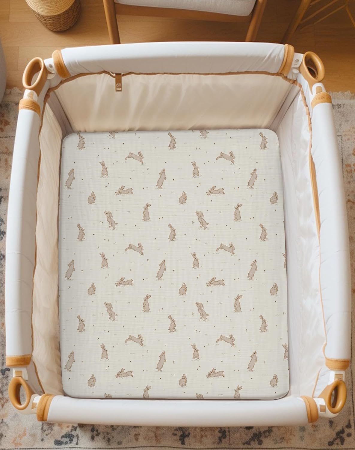 Muslin Bedside Bassinet Sheets 2 Pack, 33x20 Fitted Ultra Soft & Breathable Bedside Sleeper Sheets, Ideal for Baby Girl and Boy, Perfect for Newborns (Hopping Bunnies & Beige)