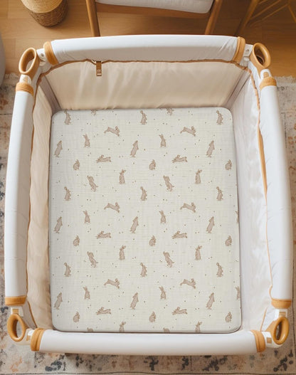 Muslin Bedside Bassinet Sheets 2 Pack, 33x20 Fitted Ultra Soft & Breathable Bedside Sleeper Sheets, Ideal for Baby Girl and Boy, Perfect for Newborns (Hopping Bunnies & Beige)