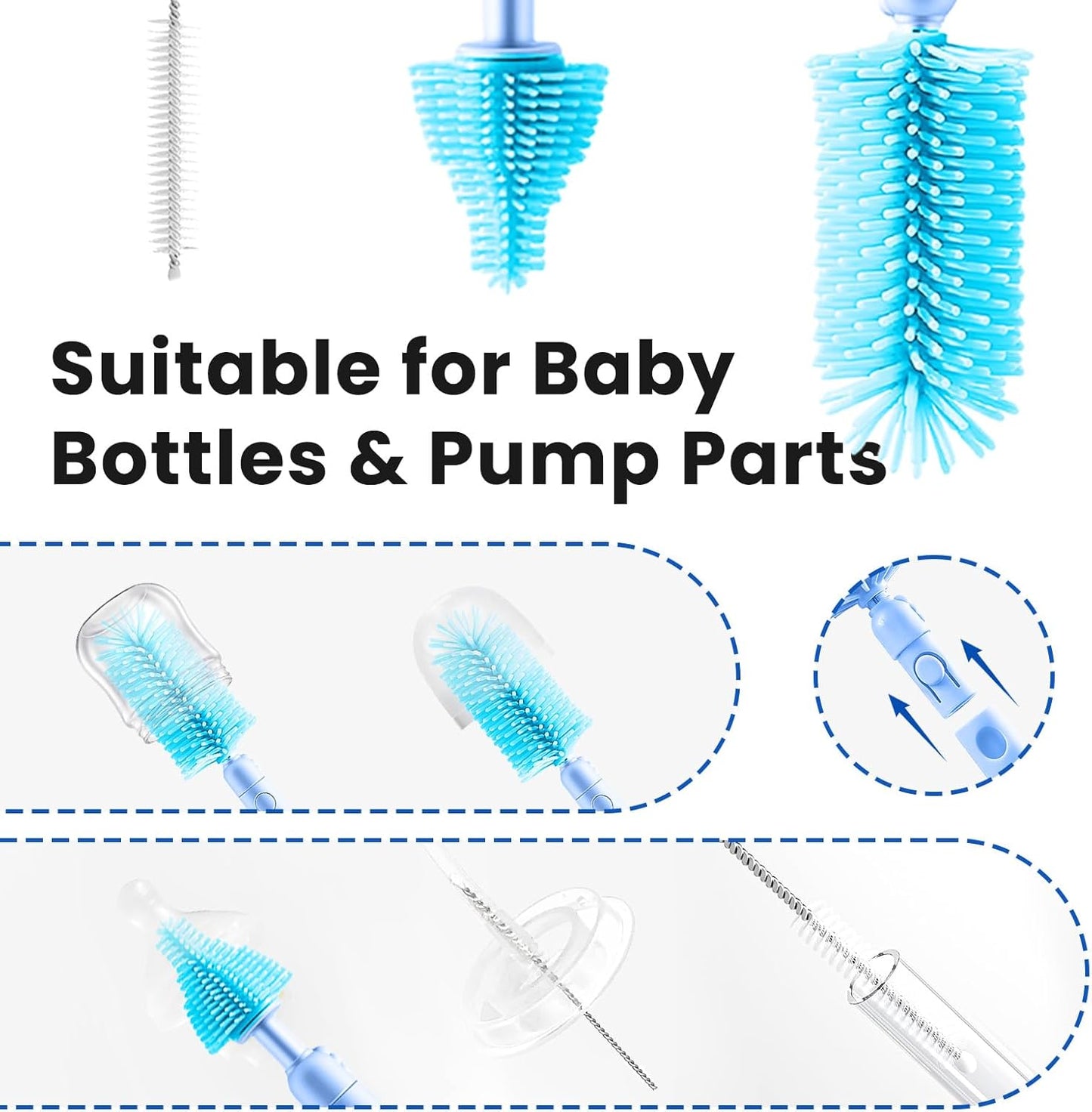 LEQXGO Travel Baby Bottle Cleaner Kit with Storage Case, 7-in-1 Baby Bottle Brush Set with Drying Rack for Breast Pump Parts, Bottle Washing Kit - Baby Travel Essential for Flying & On-the-Go (Blue)