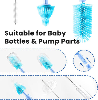 LEQXGO Travel Baby Bottle Cleaner Kit with Storage Case, 7-in-1 Baby Bottle Brush Set with Drying Rack for Breast Pump Parts, Bottle Washing Kit - Baby Travel Essential for Flying & On-the-Go (Blue)