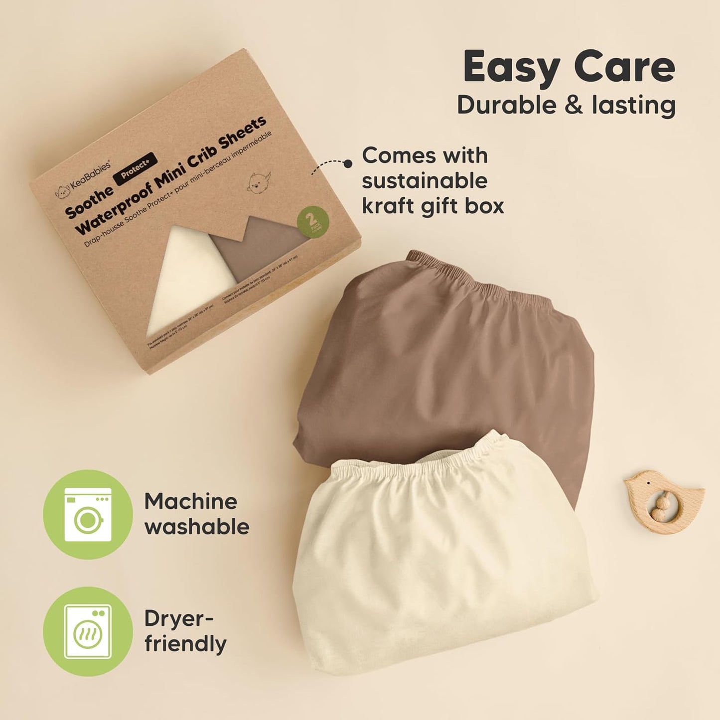 2 Pack and Play Sheets, Waterproof Mini Crib Sheets Fitted - 38x26 Organic Cotton Pack N Play Sheets for Graco Pack and Play Mattress, Playard Baby Crib Sheets,Neutral for Boy,Girl,Toddler(KeaSafari)