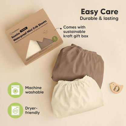 2 Pack and Play Sheets, Waterproof Mini Crib Sheets Fitted - 38x26 Organic Cotton Pack N Play Sheets for Graco Pack and Play Mattress, Playard Baby Crib Sheets,Neutral for Boy,Girl,Toddler(KeaSafari)