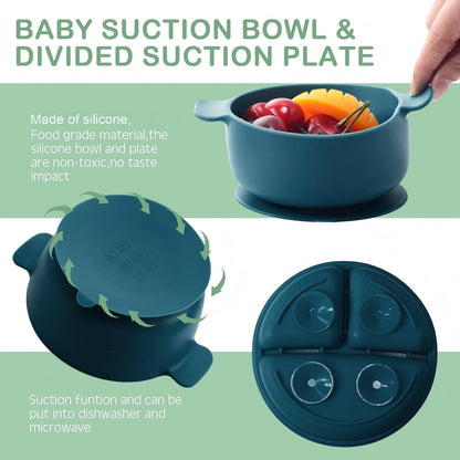 Dandat 24 Pcs Silicone Baby Feeding Set,6 Baby Toddler Suction Bowls 6 Divided Suction Plates with 6 Forks 6 Spoons, Utensils Set for Weaning Infant Feeding and Eating, 6 Styles (Elegant Color)