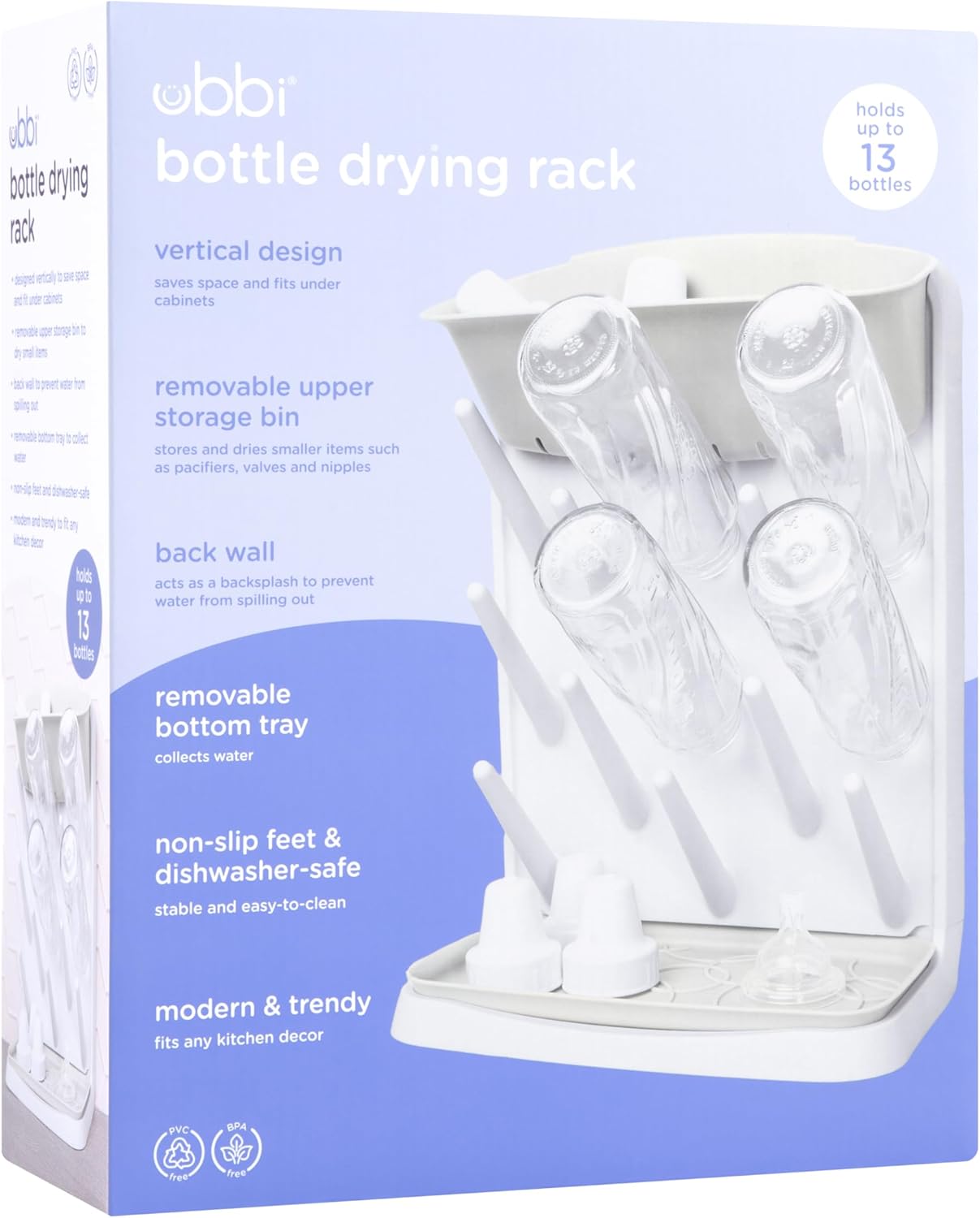 Ubbi Vertical Baby Bottle Drying Rack, Space Saving Countertop Drying Rack Baby Organizer, Gray