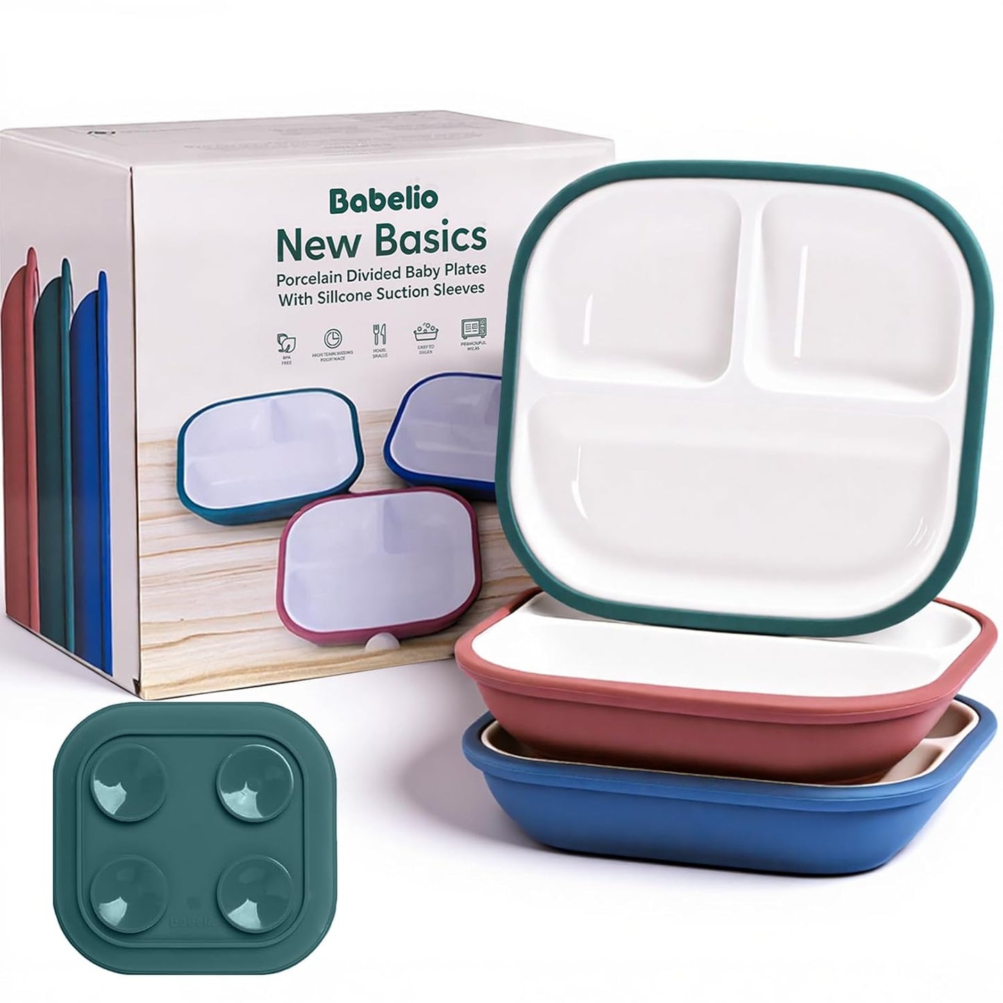 BABELIO Powerful Suction Plates for Baby and Toddler, 100% Food Grand Silicone, Divided, BPA Free, Microwave & Dishwasher Safe, Stay Put, 3 Pack