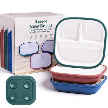 BABELIO Powerful Suction Plates for Baby and Toddler, 100% Food Grand Silicone, Divided, BPA Free, Microwave & Dishwasher Safe, Stay Put, 3 Pack