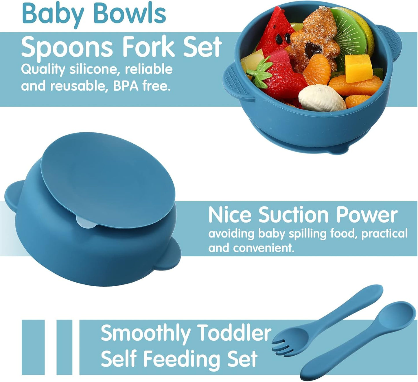 CHENGU 12 Pcs Silicone Bowl with Suction Set for Baby Toddler with Suction Plate, Spoon and Fork, Divided Design Baby Feeding Utensils Weaning Kit, Dishwasher and Microwave Safe