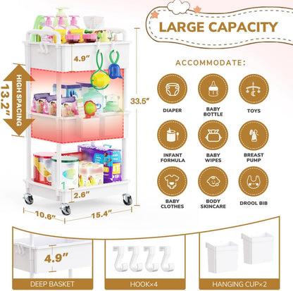 Goovilla Diaper Cart with Lockable Wheels and Easy Assembly, 3 Tier Black Rolling Cart for Baby Nursery Storage, Sturdy Ample Diaper Caddy Organizer for Baby Girl, Boy, New Mom, Newborn Essentials