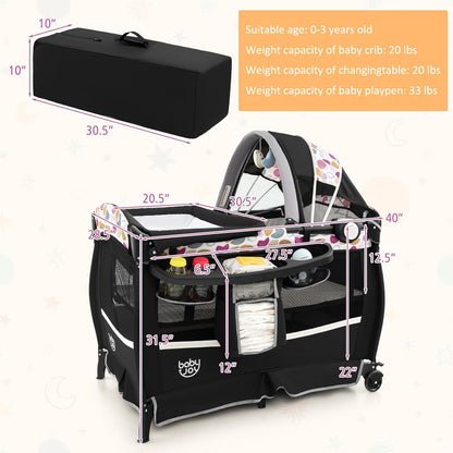 BABY JOY 4 in 1 Pack and Play, Portable Baby Playard with Bassinet & Flip-Away Changing Table, Canopy, Portable Bedside Crib with Storage Basket, Oxford Bag, Infant Bassinet from Newborn to Toddlers