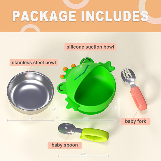 ENERGEVITY Suction Bowls Set for Baby Feeding，Silicone Suction Baby Bowl and Food-Grade 304 Stainless Steel Bowl with Fork and Spoon,Dishwasher Safe (Yellow Duck)