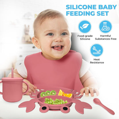 Silicone Baby Feeding Set - 9 Pieces - First Stage Solid Food Eating Baby Utensils - 6+ Months - Crab Shape