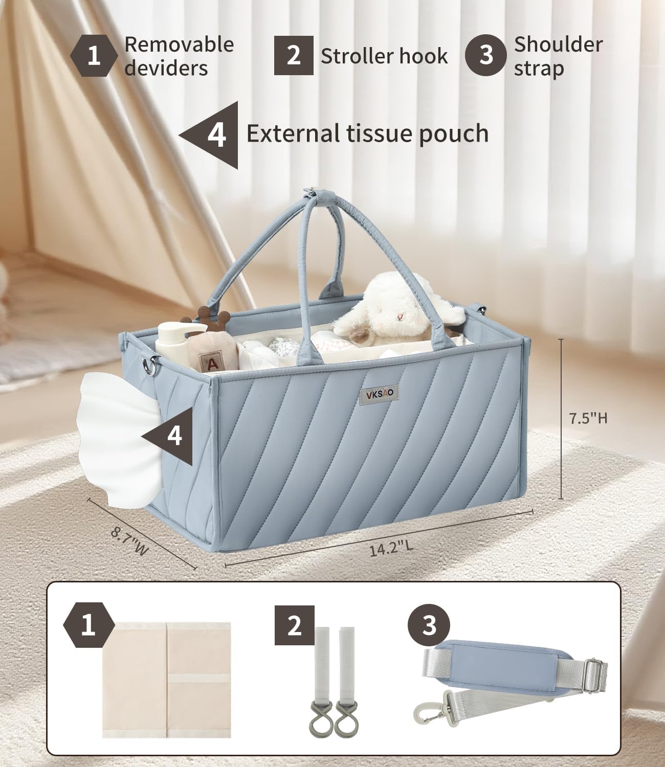Baby Boy Essentials Diaper Caddy Organizer – Portable Storage Basket with Shoulder Strap & Stroller Hooks, Splashproof Quilted Nursery & Car Tote, Baby Gifts for Baby Shower, Classic Blue