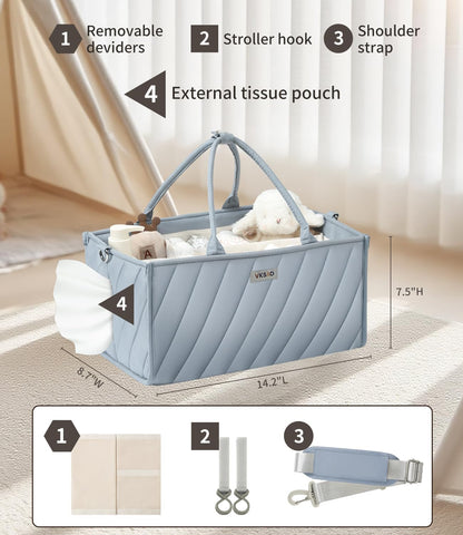 Baby Boy Essentials Diaper Caddy Organizer – Portable Storage Basket with Shoulder Strap & Stroller Hooks, Splashproof Quilted Nursery & Car Tote, Baby Gifts for Baby Shower, Classic Blue