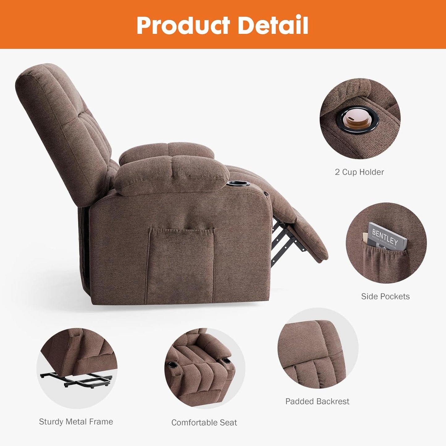 Sweetcrispy Recliner Chair, 360 Swivel Rocker Chair for Adults, Glider Rocker Recliners, Nursery Chairs for Living Room, High Back, Upholstered Deep Seat, Classical Brown