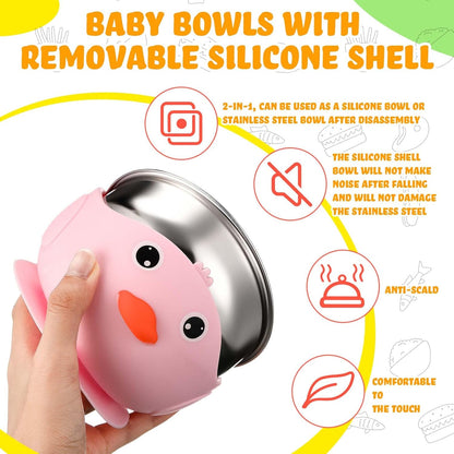 Nuogo 4 Packs 304 Stainless Steel Baby Bowls with Silicone Sleeve Kids Toddler Food Bowls with Suction Anti Slip Cute Animal safe Design for Baby Feeding Soup Noodle Pasta Snack