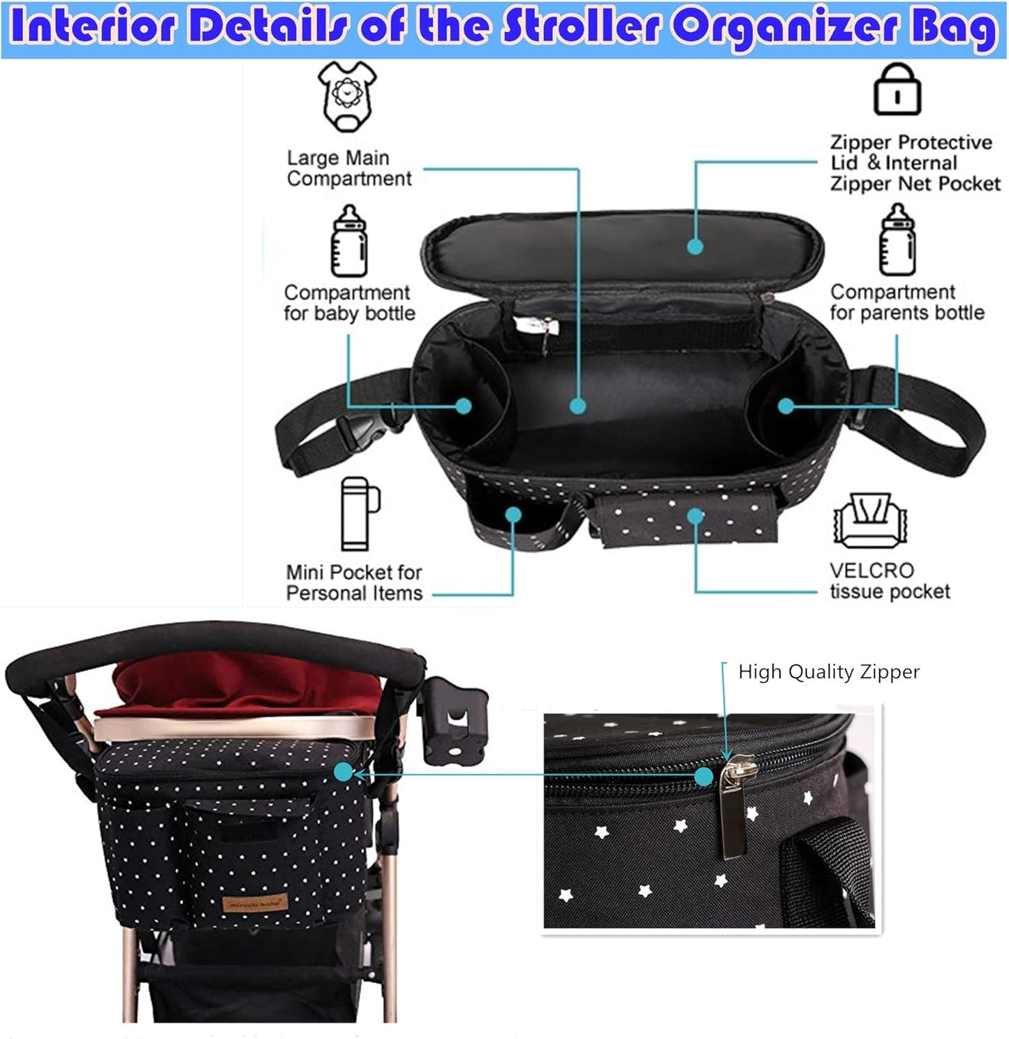 Miracle Baby Stroller Organizer Bag for Mom,Universal Stroller Storage Caddy Diaper Bag- Compatible with Most Stroller - Multifunctional Larg(Grey Star)
