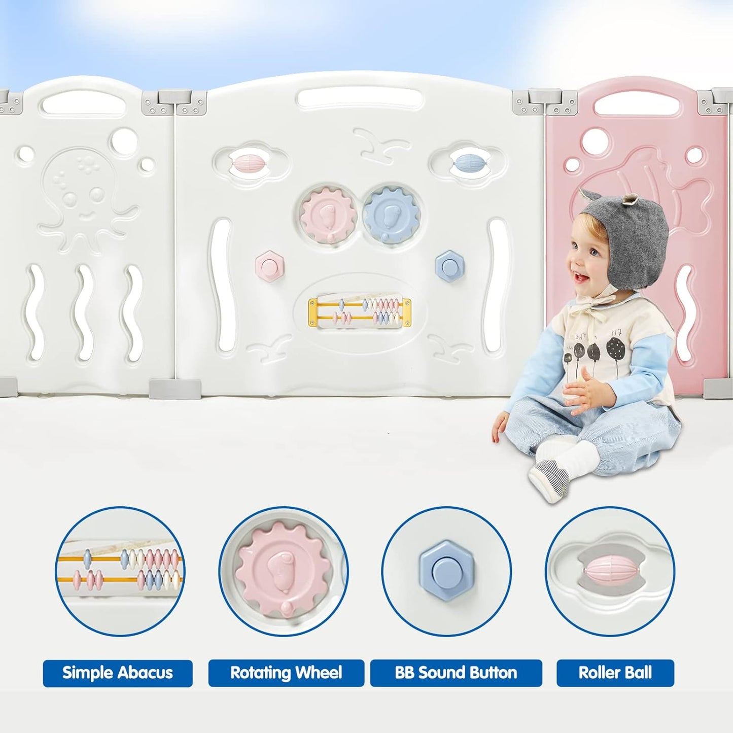 Albott Baby Fence Kid Playpen 18 Panel Albott Play Yard - Foldable Kids Safety Activity Center Playard Safety Lock Gate,Adjustable Shape, Portable Design for Indoor and Outdoor (18 Panel, Grey+White)