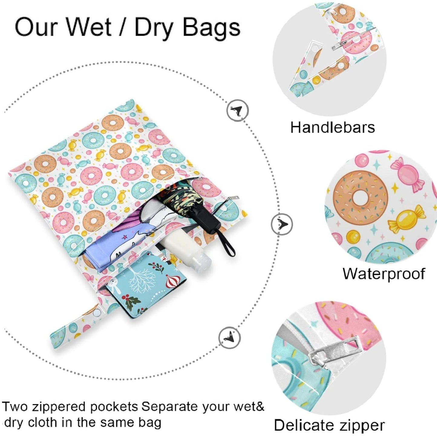 visesunny Colorful Donut Candy 2Pcs Wet Bag with Zippered Pockets Washable Reusable Roomy for Travel,Beach,Pool,Daycare,Stroller,Diapers,Dirty Gym Clothes, Wet Swimsuits, Toiletries