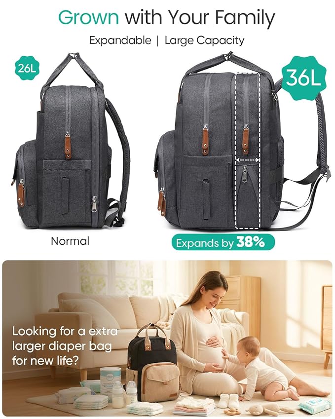 Qualyphant Extra Large Diaper Bag Backpack for Two Kids Twins - Expandable Baby Bag (26-36L), Dual Big Compartments - Includes Changing Pad & Stroller Straps, Unisex Dark Grey