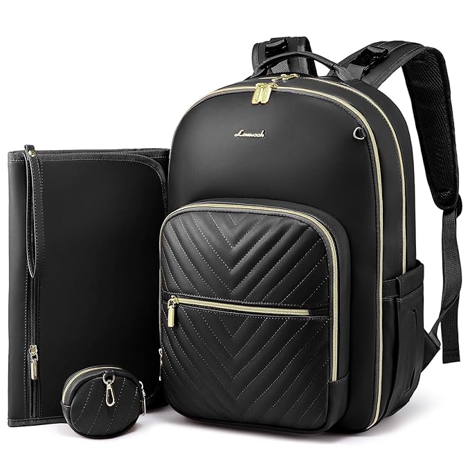 LOVEVOOK Diaper Bag Backpack, Quilted Baby Bag with Changing Pad & Pacifier Holder, Waterproof Travel Diaper Bags for Baby Boys Girls, Stylish and Large Capacity,Black Leather