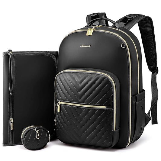 LOVEVOOK Diaper Bag Backpack, Quilted Baby Bag with Changing Pad & Pacifier Holder, Waterproof Travel Diaper Bags for Baby Boys Girls, Stylish and Large Capacity,Black Leather