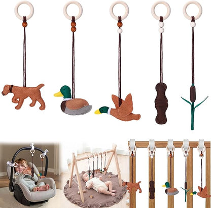 Simgoing 5 Pcs Baby Gym Hanging Toys Baby Wooden Felt Sensory Toys Wooden Activity Pendant for Home Nursery Decoration