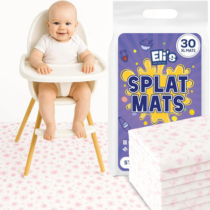 30 Pack Disposable Splat Mats by Eli with Love - Extra Large 49"x49" 100% Waterproof Baby Splat Mat for Under High Chair - Plastic Mat Liner for Floor - Protect from Spills (Moon & Stars, 30 Pack)