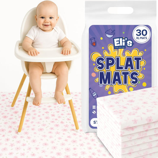 30 Pack Disposable Splat Mats by Eli with Love - Extra Large 49"x49" 100% Waterproof Baby Splat Mat for Under High Chair - Plastic Mat Liner for Floor - Protect from Spills (Moon & Stars, 30 Pack)