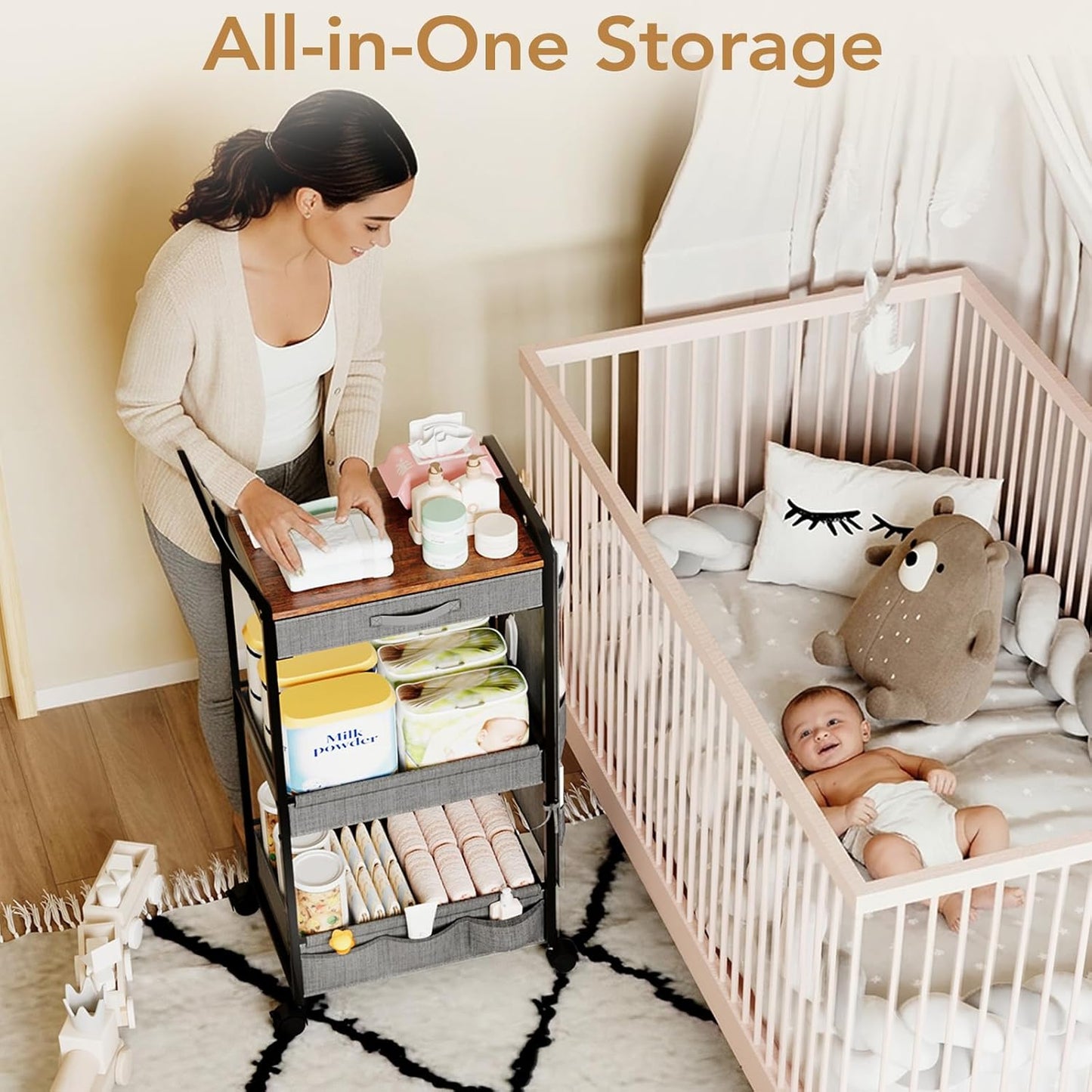 BBLIKE 3-Tier Diaper Caddy Organizer - Rolling Utility Baby Cart with Drawer and Side Pockets for Nursery and Baby Essentials, Multi-Function Cart for Bedroom and Bathroom, White