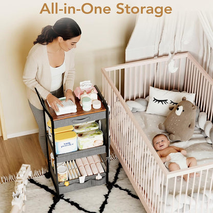 BBLIKE 3-Tier Diaper Caddy Organizer - Rolling Utility Baby Cart with Drawer and Side Pockets for Nursery and Baby Essentials, Multi-Function Cart for Bedroom and Bathroom, White