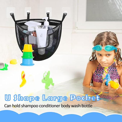 Bath Toy Storage, Corner Bath Tub Toy Storage Holder with Bottom Zipper, Quick Release Bath Toy Organizer with Large Pocket, Mesh Shower Toy Holder Basket Net Bin for Bathtub Toys - Black