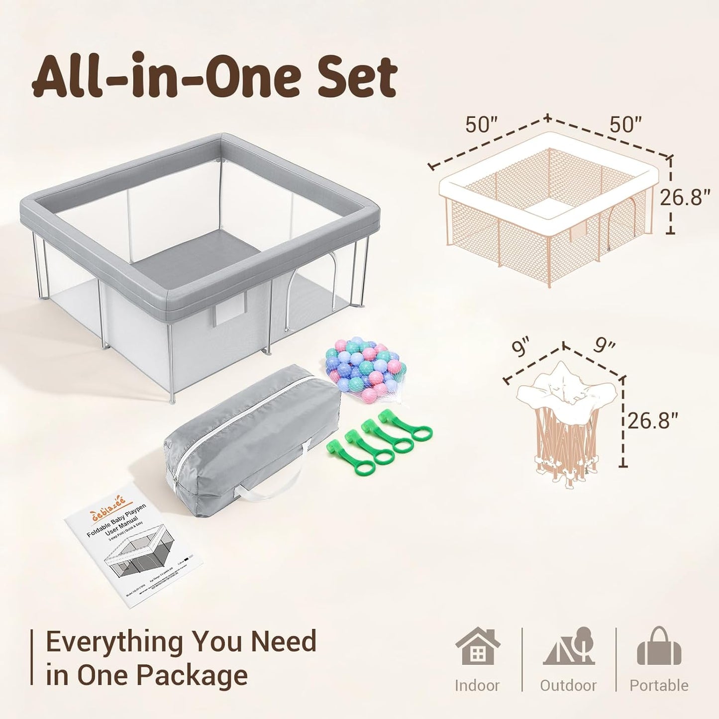 Foldable Baby Playpen, 50"×50" Collapsible Play Yard for Babies and Toddlers, No Assembly Required, Kids Safety Play Area with 4 Handles, 50 Balls and Visible Mesh, Black