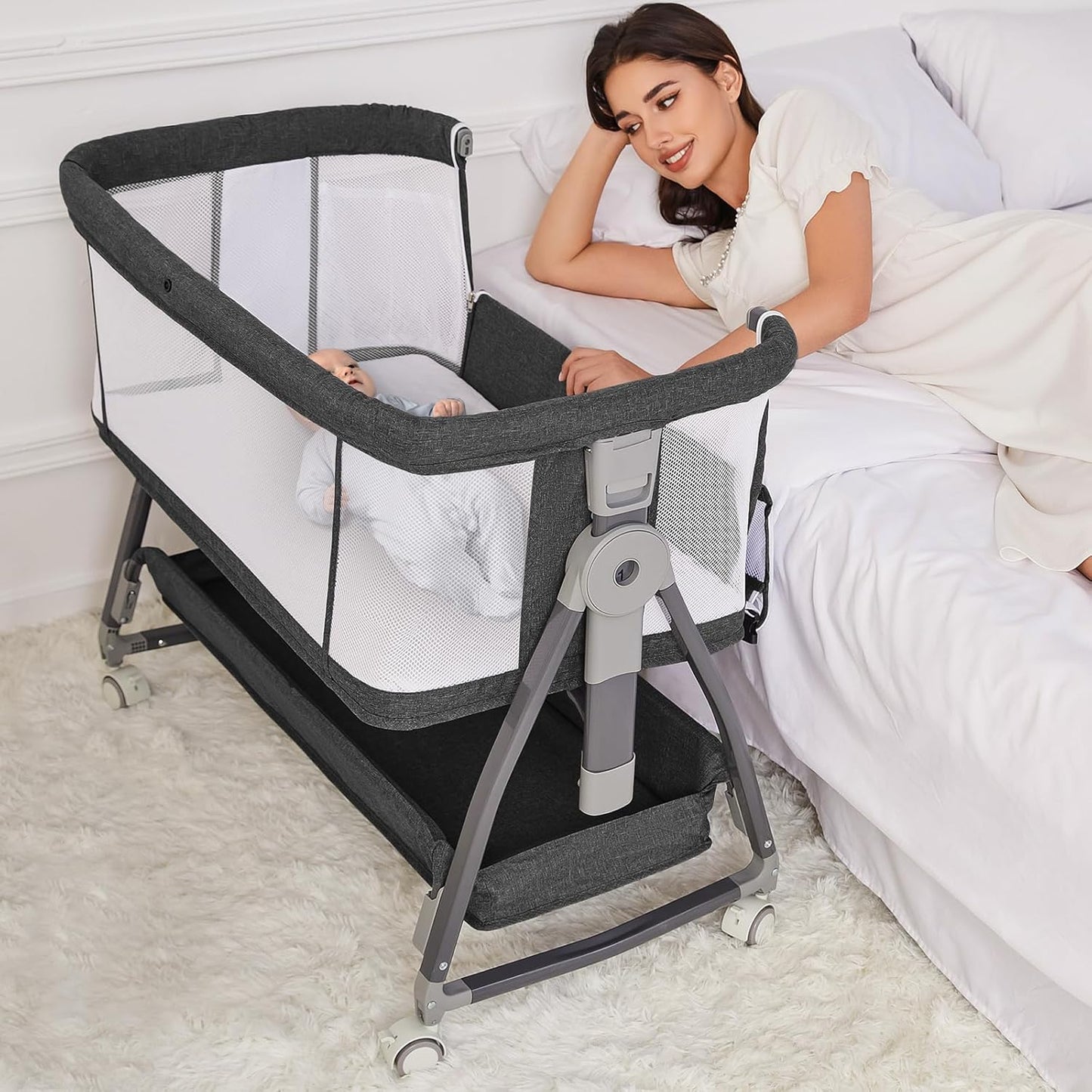 Jixrolyn 3 in 1 Baby Bassinet Bedside Sleeper, Height Adjustable Bedside Bassinet for Newborn and Infant with Mattress, Storage Basket, and Wheels (Grey)