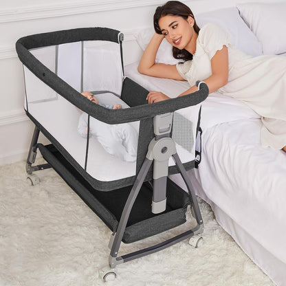 Jixrolyn 3 in 1 Baby Bassinet Bedside Sleeper, Height Adjustable Bedside Bassinet for Newborn and Infant with Mattress, Storage Basket, and Wheels (Grey)