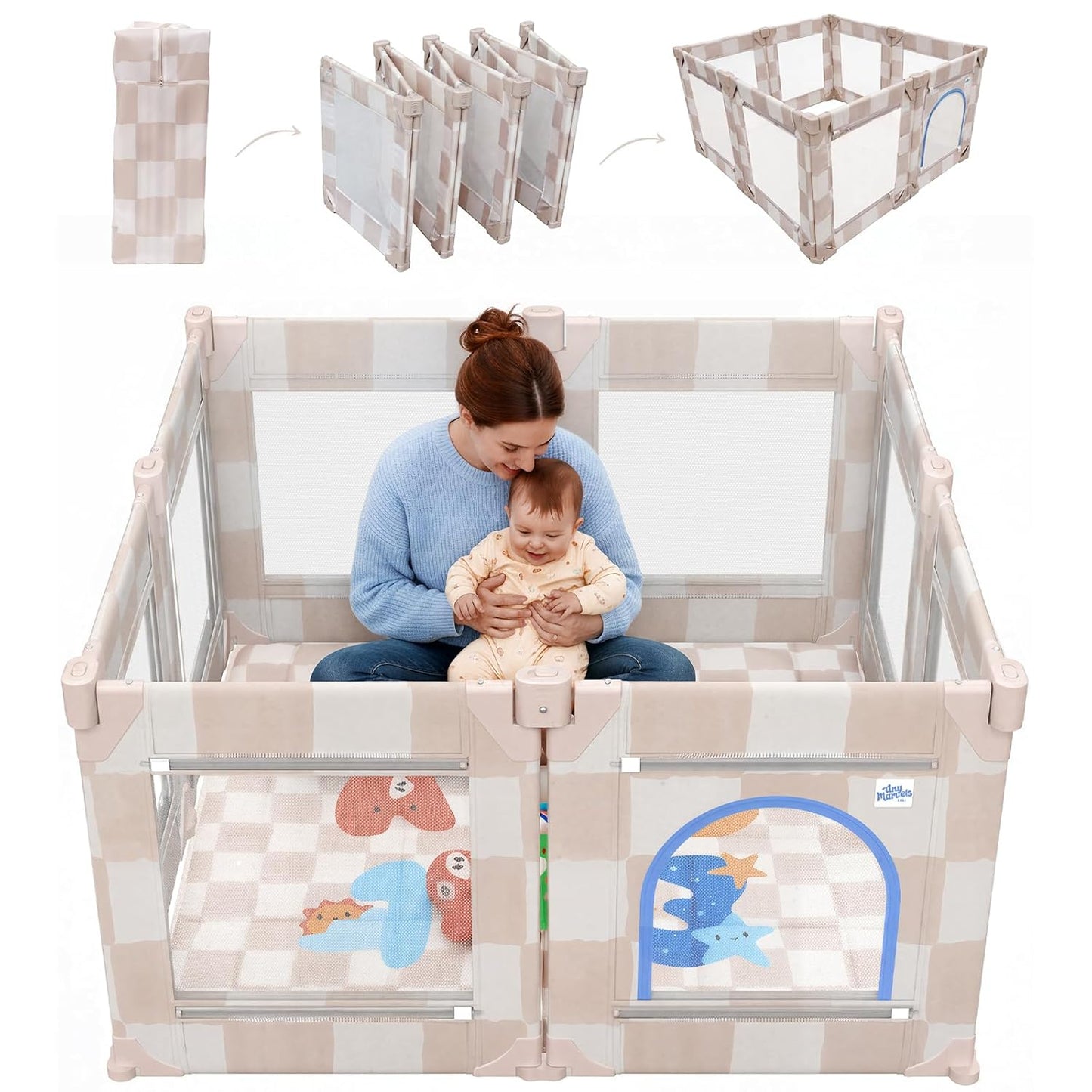 Baby Playpen for Babies and Toddlers, Upgraded 50x50 Inch Foldable No Assembly Required Play Yard with Breathable Mesh, Safe Playard with Gate, Indoor & Outdoor Infants Play Pen (1pc-Sand Checks)