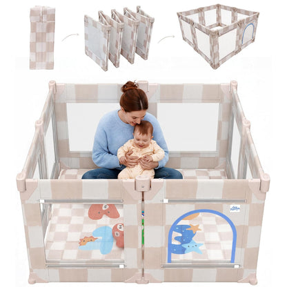 Baby Playpen for Babies and Toddlers, Upgraded 50x50 Inch Foldable No Assembly Required Play Yard with Breathable Mesh, Safe Playard with Gate, Indoor & Outdoor Infants Play Pen (1pc-Sand Checks)