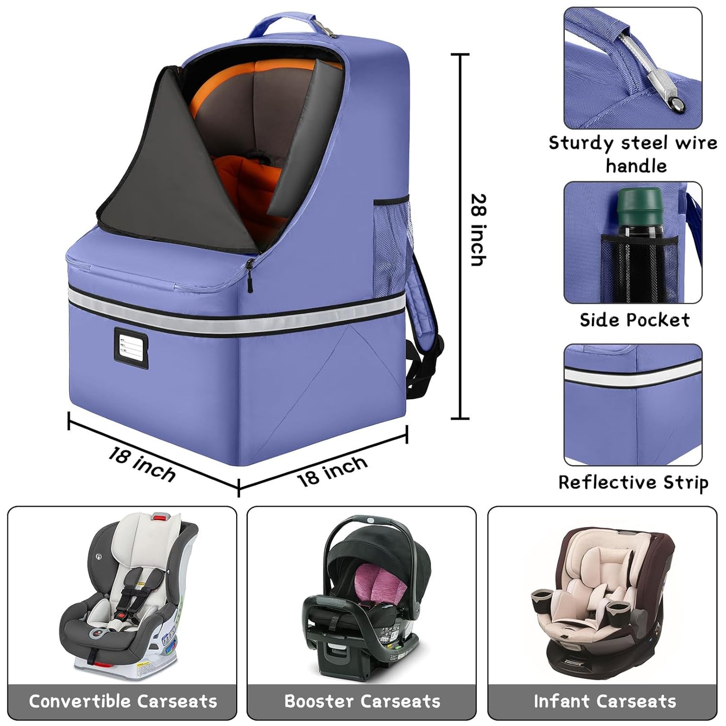 Car Seat Travel Bag,Padded Car Seats Backpack with Steel Cable Handle and Reflective Stripes, Large Durable Carseat Carrier Bag,Airport Gate Check Bag,Infant Seat Travel Bag with Shoulder Strap,Black