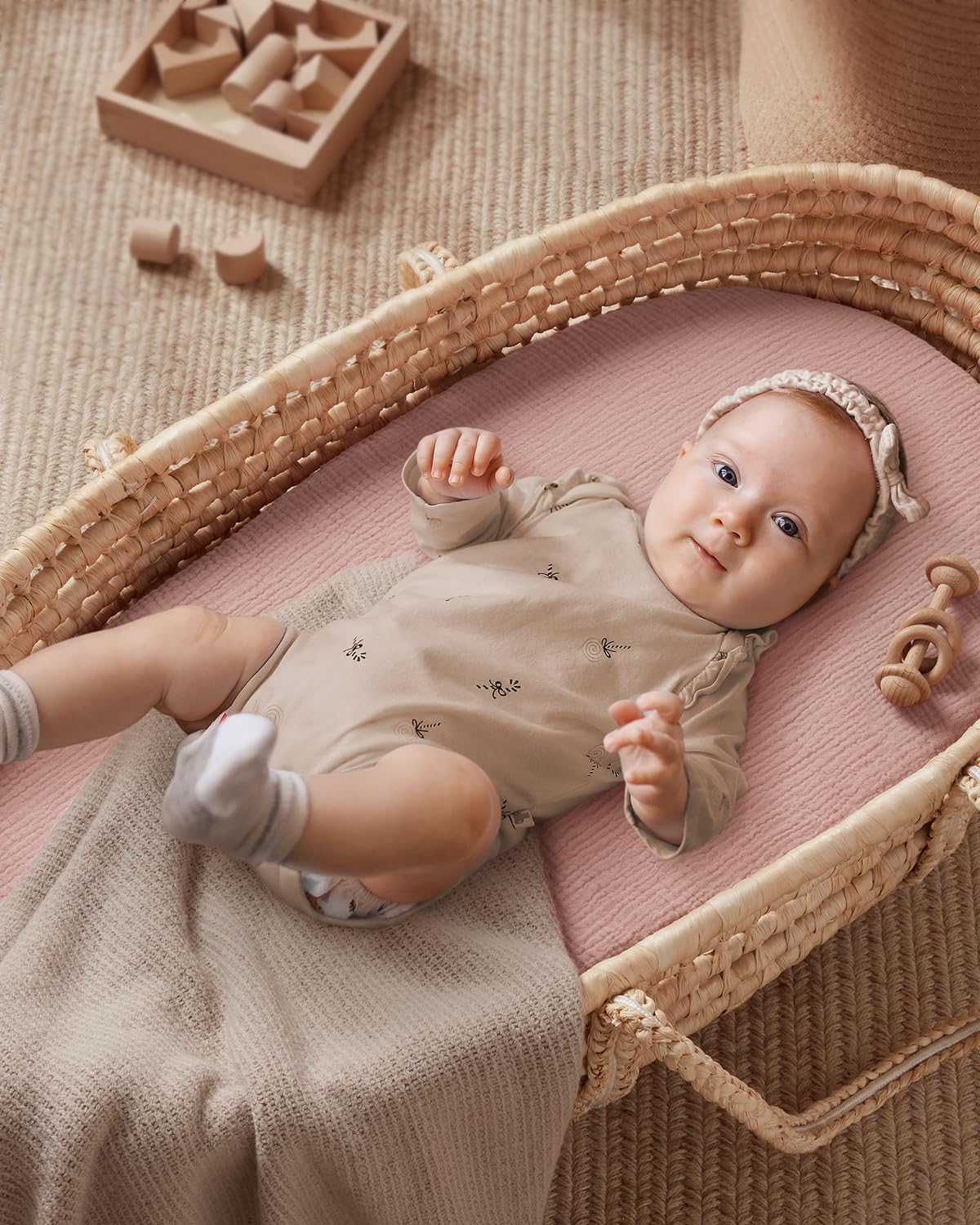 Blissful Diary Muslin Bassinet Sheets for Baby Girls Boys, Boho Soft Cotton Fitted for Oval Hourglass Rectangle Mattress, 2 Pack(Sunshine&Brown)