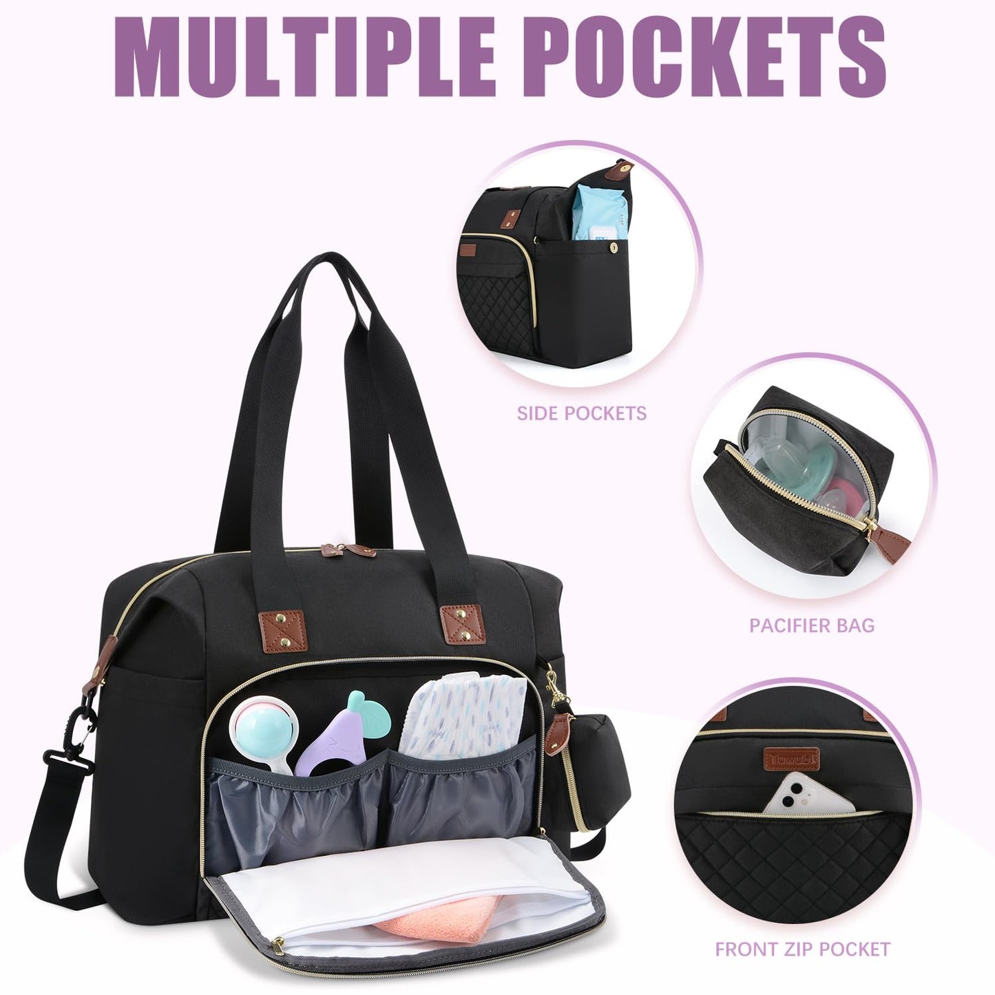 Tuwubi Diaper Bag Tote,Baby Diaper Bag with Pacifier Case Large Travel Diaper Tote Caddy for Mom and Dad Multifunction Large Baby Bag - M-Pink