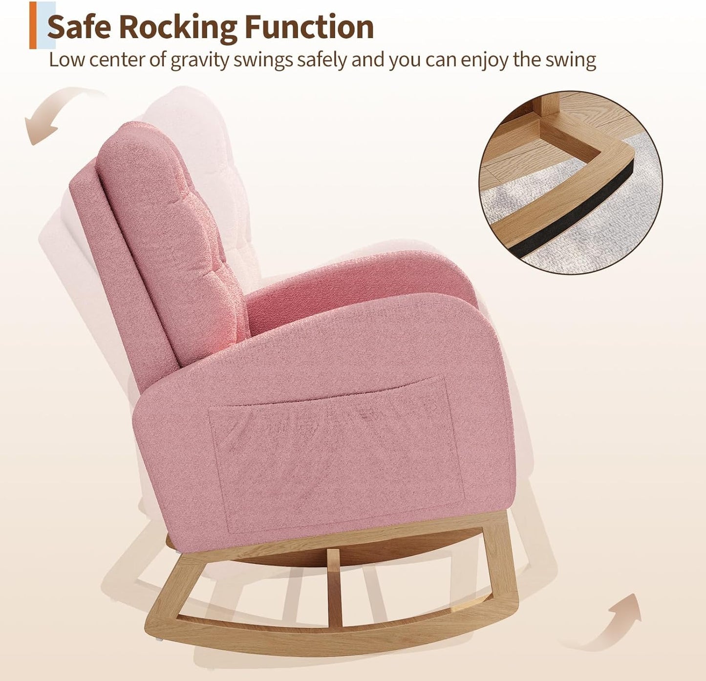 Modern Rocking Chair for Living Room, Comfortable Recliner Rocker with Side Pocket, Soft Linen Upholstered Glider Chair for Bedroom, Nursery, Lounge-Grey