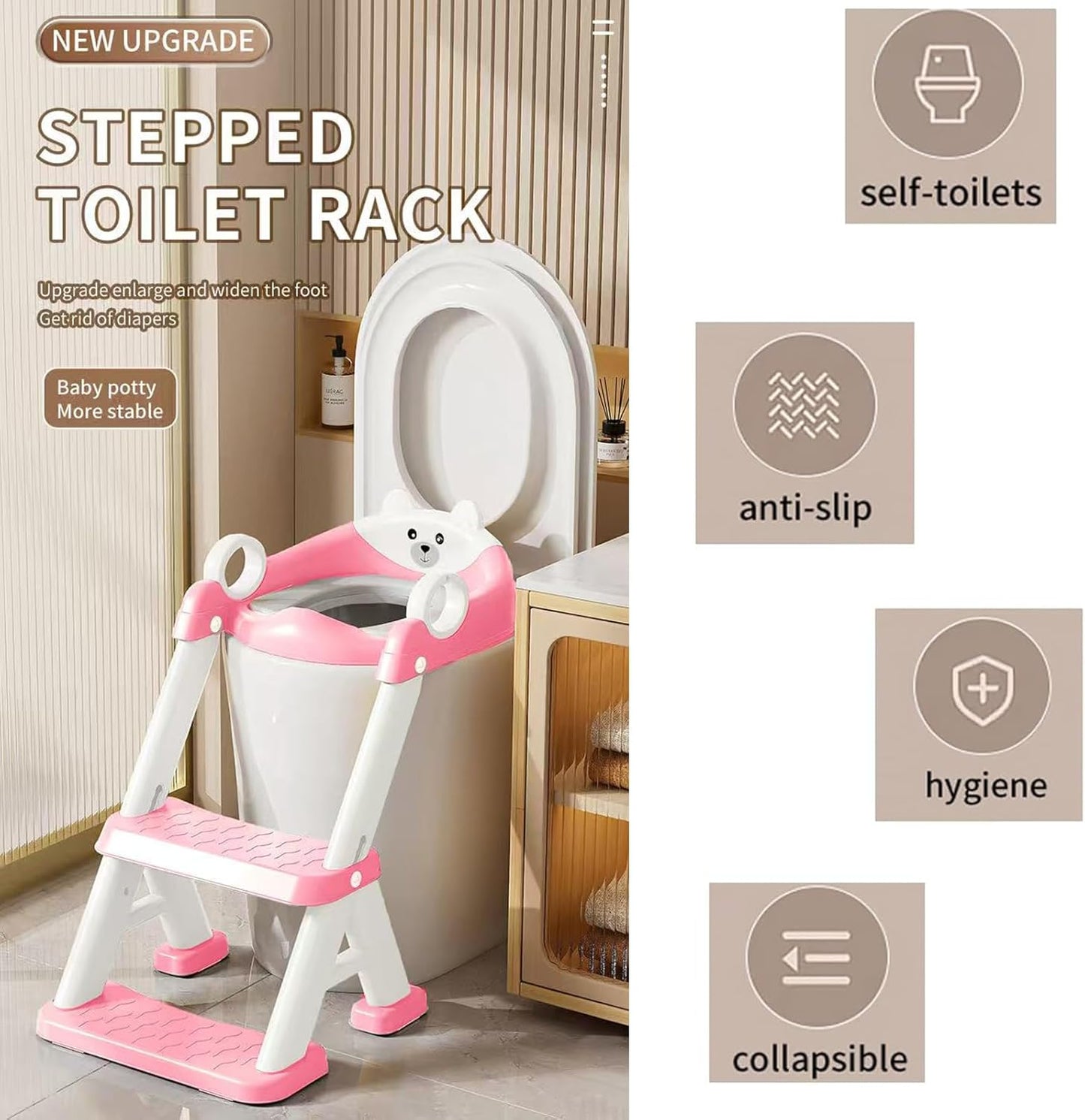 PandaEar Toilet Potty Training Seat with Step Stool Ladder, Comfortable Safe Potty Seat with Anti-Slip Pads Ladder & Bear Design for Kids Boys Toddlers -Grey